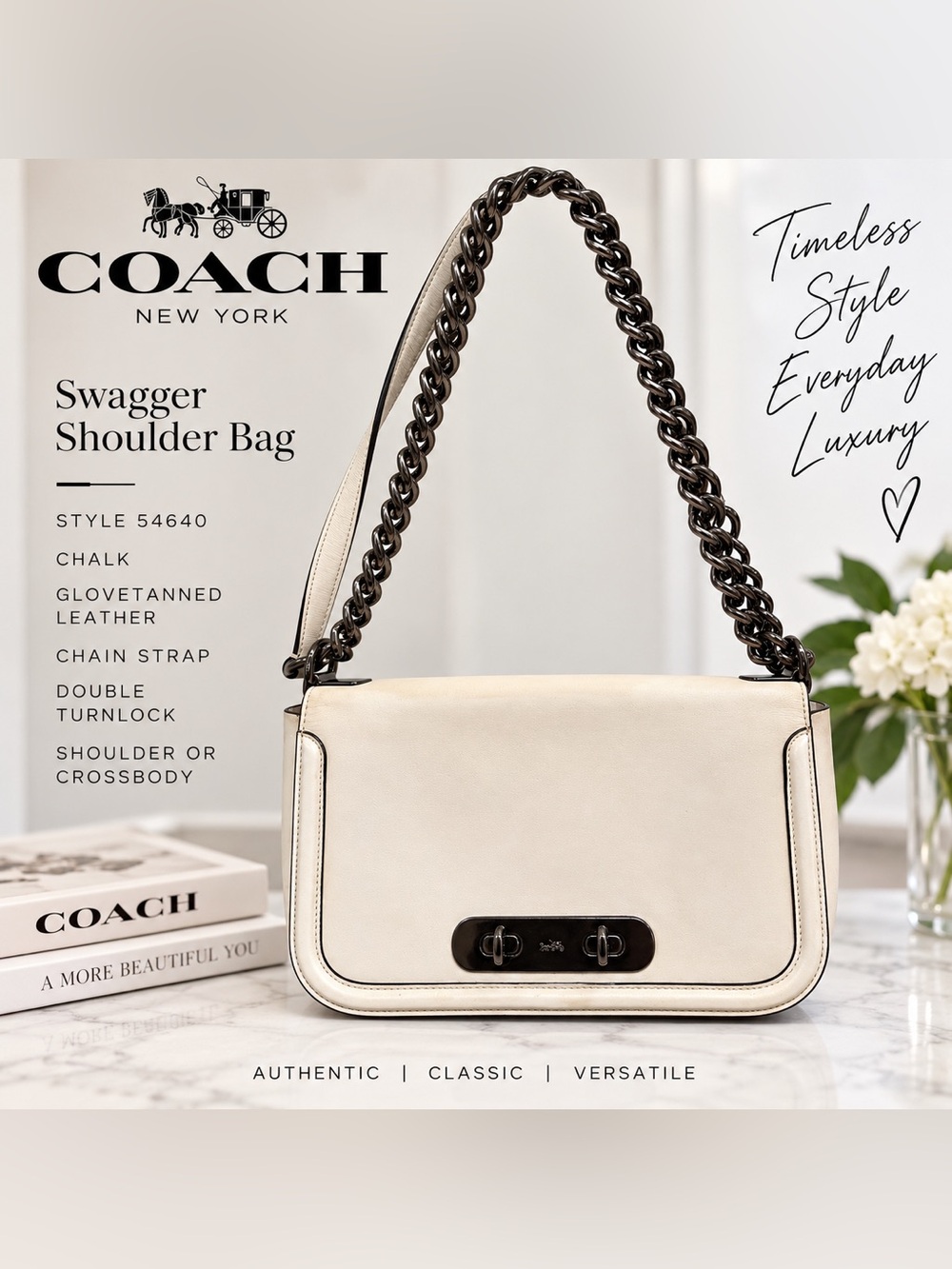 Coach Swagger Shoulder Bag 54640 – 2018 – Chalk Glovetanned Leather